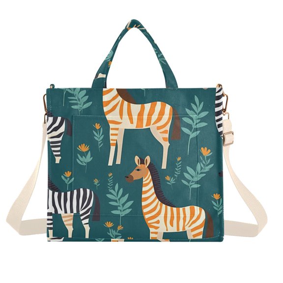 Zebra in Leaves Corduroy Tote Bag Handbag Large Messenger Bag Shoulder Crossbody Zipper Bag Purse