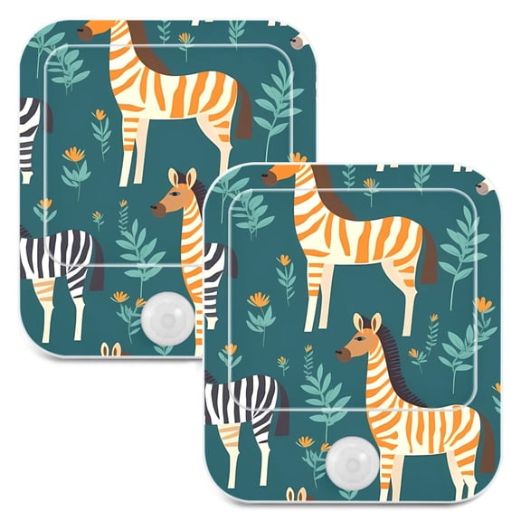 Zebra in Leaves Night Lights Plug into Wall LED with Auto Light Sensor Warm Light for Kids Hallway Bedroom Living Room Kitchen Bathroom Set of 2