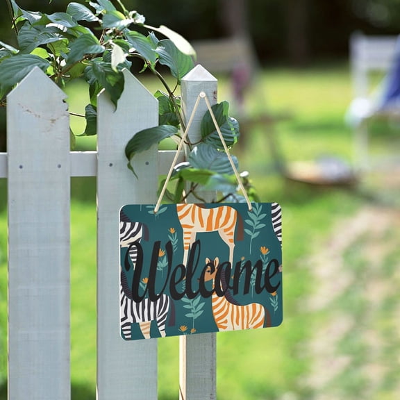 Zebra in Leaves Welcome Sign for Front Door Porch Wreath Door Sign Home Decoration Rustic Farmhouse Style