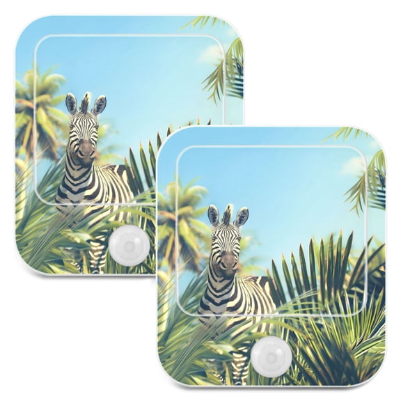 Zebra in Palm Tree 2 Pack LED Motion Sensor Night Light Plug into Wall Auto Dusk to Dawn Adjustable Brightness for Kids Bedroom Hallway Nursery Room