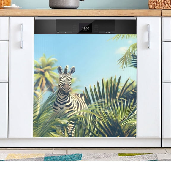 Zebra in Palm Tree Dishwasher Magnetic Refrigerator Magnet Cover Kitchen Art Panel Decal Sticker Home Decorative 23"x26"