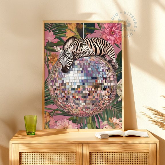 Zebra on Disco Ball Art Jungle Glam Animal Decor Unframed Paper Print