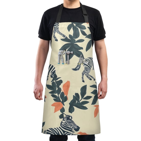 Zebra with Leaves Figure Chef Kitchen Apron with Pockets for Women Waterproof Aprons for Cooking Baking