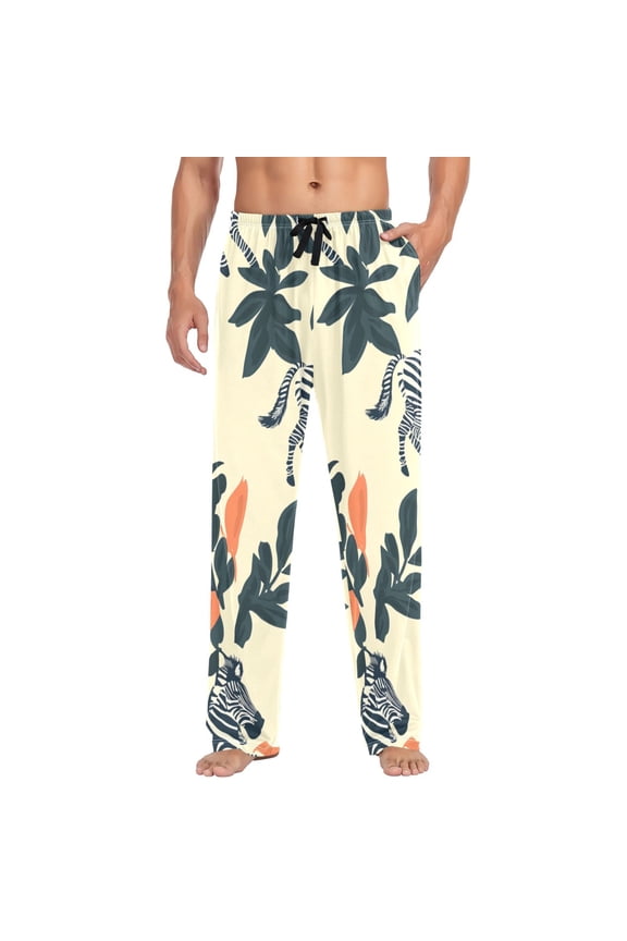Zebra with Leaves Figure Mens Cotton Pajama Pant Sleep and Lounge Bottons with Pockets