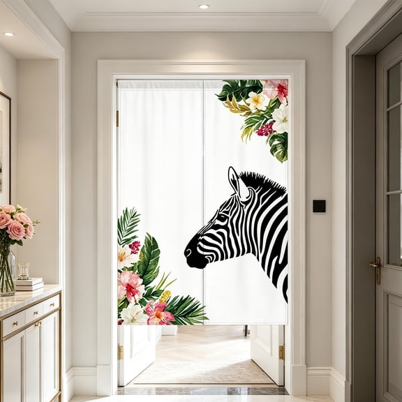 Zebras Floral Printed Door Curtain Tropical Bohemian 2-Panel Room Divider for Kitchen Bedroom Entrance, Lightweight Sheer Window Treatment for Modern Home Decor