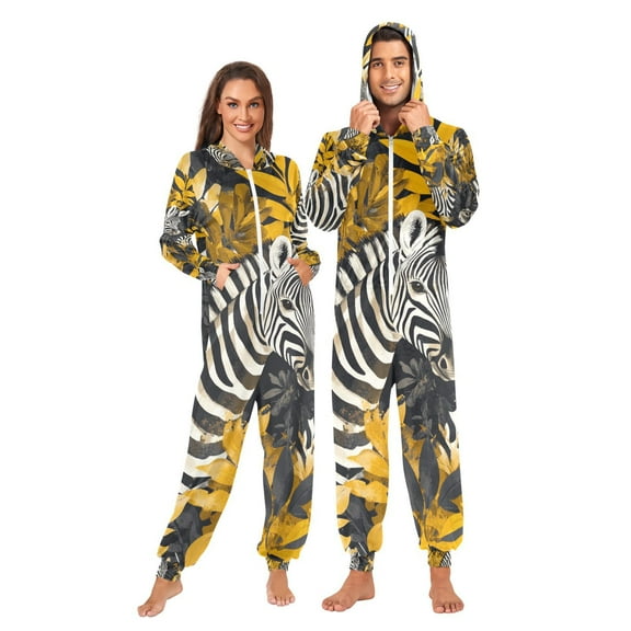 Zebras Leaves Adult Onesie Pajamas Slim Fit Christmas One Piece Suit Pjs for Women and Men Hooded Zipper