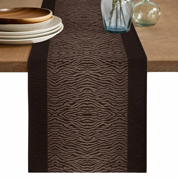 Zebras Print Table Runner, Abstract Animal Skin Texture Brown Washable Cotton Linen Table Runners 36 Inches Long, Dresser Scarf Runner for Nightstand/End Tables/Round Tables 13''x36''