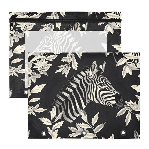 Zebras and Leaves 3-Ring Binder Pouches A4 Size Zipper Pocket File Storage 2 Packs