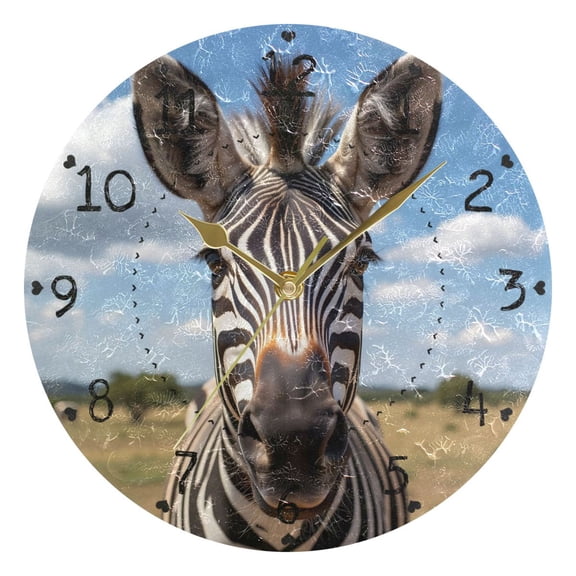 Zebras in Grassland Round Wall Clock Silent Analog Battery Operated Gold Pointer Home Decor 9.84" Diameter