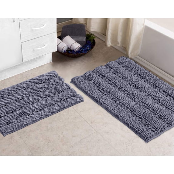 Zebrux Bathroom Rugs Non Slip Thick Shaggy Chenille Bathroom Decor, Bath Mats for Bathroom Extra Soft and Absorbent - Striped Bath Rugs Set for Indoor/Kitchen (Rectangular Set, Dark Gray)