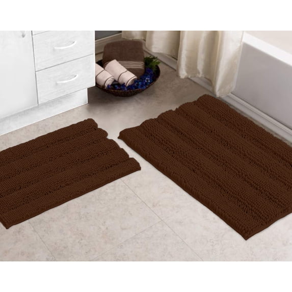 Zebrux Non Slip Thick Shaggy Chenille Bathroom Rugs, Bath Mats for Bathroom Extra Soft and Absorbent - Striped Bath Rugs Set for Indoor/Kitchen (20 x 32'' + 16 x 24'' , Brown)