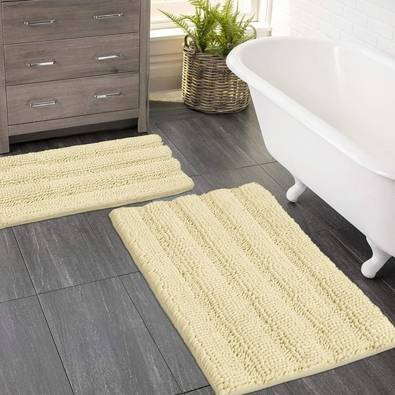 Zebrux Non Slip Thick Shaggy Chenille Bathroom Rugs, Bath Mats for Bathroom Extra Soft and Absorbent - Striped Bath Rugs Set for Indoor/Kitchen(15 x 24 + 20 x 30'', Cream)