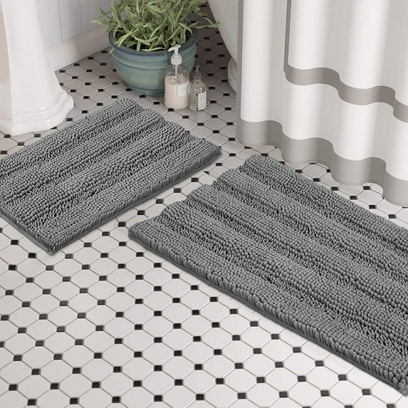Zebrux Non Slip Thick Shaggy Chenille Bathroom Rugs, Bath Mats for Bathroom Extra Soft and Absorbent - Striped Bath Rugs Set for Indoor/Kitchen (15 x 24 + 20 x 30'', Dark Gray)