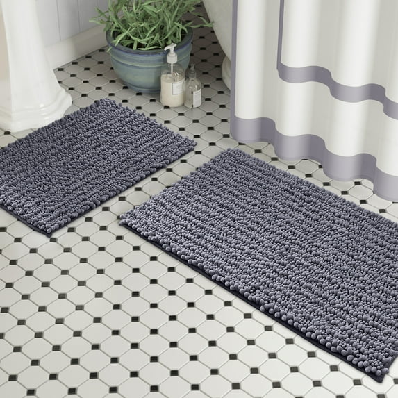 Zebrux Non Slip Thick Shaggy Chenille Bathroom Rugs, Bath Mats for Bathroom Extra Soft and Absorbent - Striped Bath Rugs Set for Indoor/Kitchen (20 x 30 + 15 x 23'', Dark Gray)