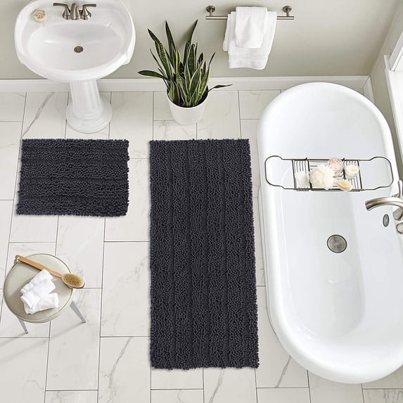 Zebrux Non Slip Thick Shaggy Chenille Bathroom Rugs, Bath Mats for Bathroom Extra Soft and Absorbent - Striped Bath Rugs Set for Indoor/Kitchen