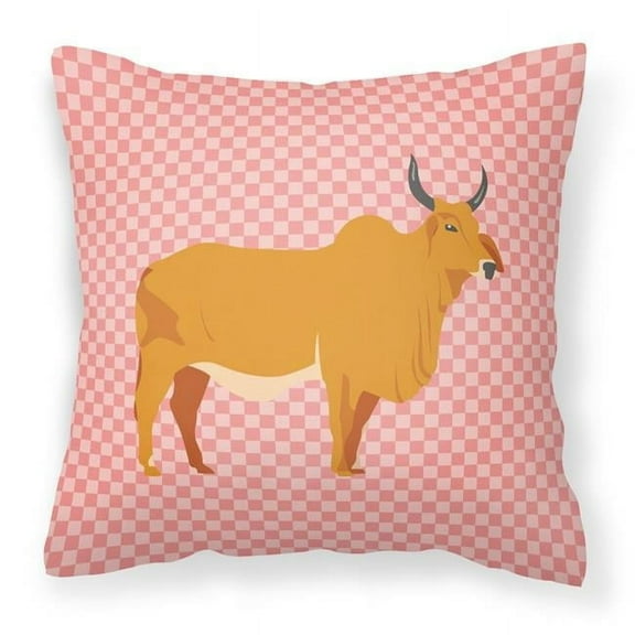 Zebu Indicine Cow Pink Check Fabric Decorative Pillow - 18 x 18 in.