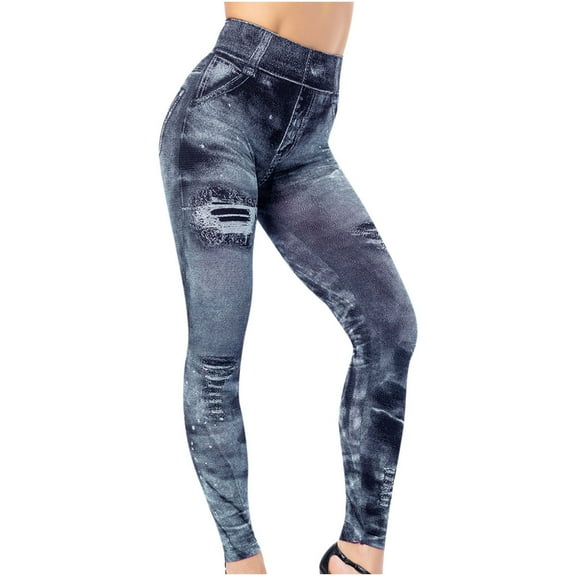 Zeceouar Imitation Denim Leggings for Womens Denim Print Booty Lifting Leggings Fake Jeans Full Length Tights Butt Lift High Waist Jeggings Workout Sport Yoga Pants Trousers Slim Fitting Cuffed Pants
