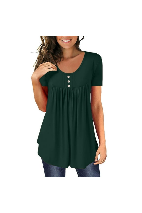 New Years Tops for Women 2023 Women'S Floral Print Soild Spring Clothes Short Sleeve Shirts Ladies V Neck Buttons Tunic Tops Casual Loose Blouses Tees Gift for Women