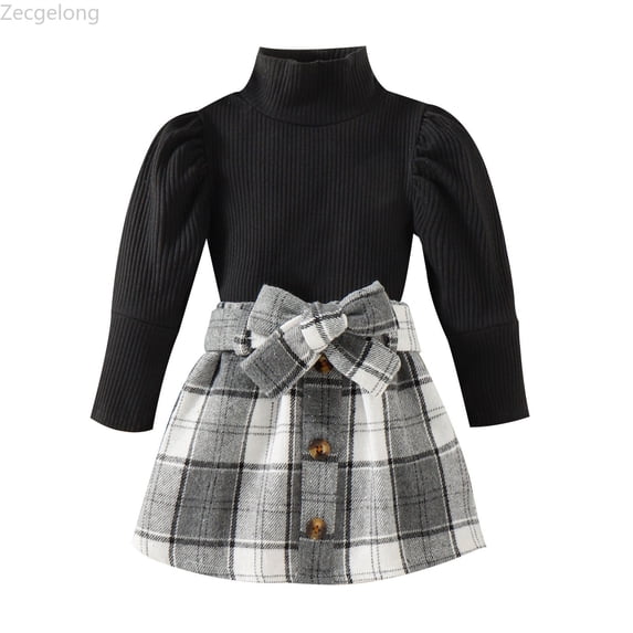 Zecgelong Autumn Winter Girls Outfits Two Piece High Neck Plaid Skirt Coordinated And Bottoms Fashion Ensemble For Toddler And Youth Girls 2 Piece Sets Age 2-3 years
