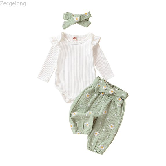 Zecgelong Baby Girl Clothes Romper Long Sleeve Outfits 3Pcs Ruffle Tops + Pants + Headband Age 18-24 Months