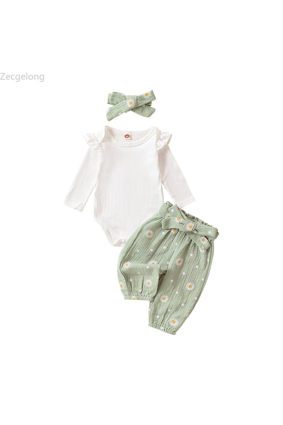 Baby Girl Clothes Romper Long Sleeve Outfits 3Pcs Ruffle Tops + Pants + Headband Age 3-6 Months