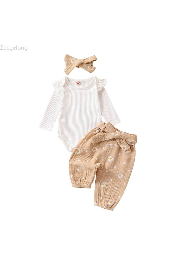 Baby Girl Clothes Romper Long Sleeve Outfits 3Pcs Ruffle Tops + Pants + Headband Age 6-12 Months
