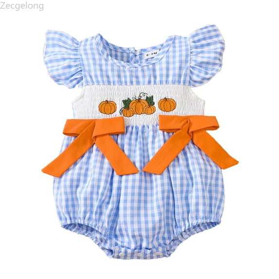 Zecgelong Baby Girl Pumpkin Embroidery Romper Flutter Sleeve Bodysuit Fall Party Outfit Blue Size 0-18M