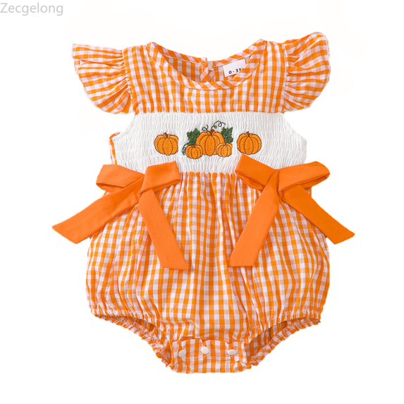 Zecgelong Baby Girl Pumpkin Embroidery Romper Flutter Sleeve Bodysuit Fall Party Outfit Orange Size 0-18M