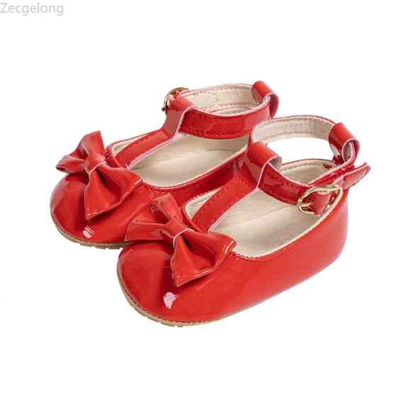 Zecgelong Baby Girls First Walking Shoes Shiny Leather Bowknot Shoes Soft Sole Toddler Dress Shoes Girls Princess Sandals Size 5M Red