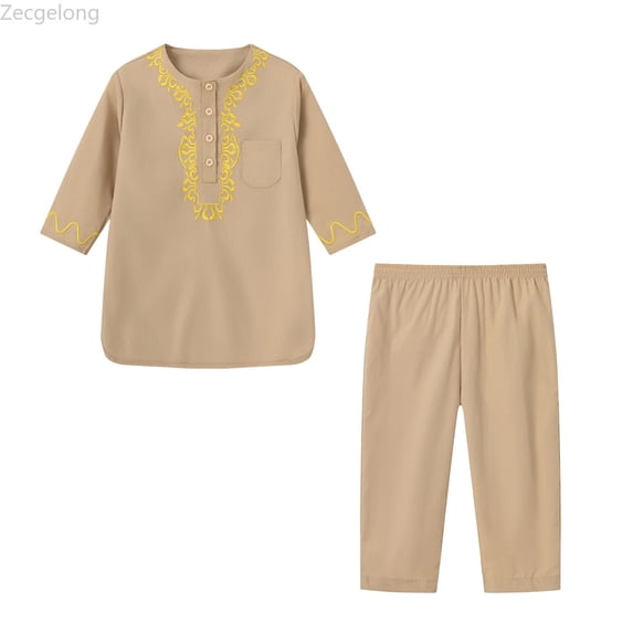Zecgelong Boy's Solid Color Thobe Long Sleeve Embroidered Robe with Pants Outfits Size 5-6 Years