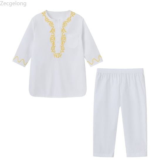 Zecgelong Boy's Solid Color Thobe Long Sleeve Embroidered Robe with Pants Outfits Size 8-9 Years