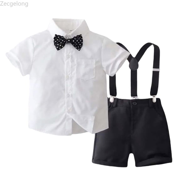 Zecgelong Boys' Gentleman Solid Color Shirt & Suspenders Set | Summer Formal Suit For Kids | Stage & Party Outfit Boys Dressy Short Sleeve Sets for Boys 2-3 Years