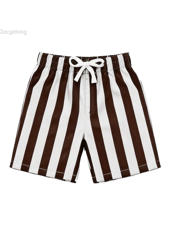 Boys Girls Swim Trunks Double Striped Print Beach Shorts Summer Pool Wear Brown Size 2-3 Years