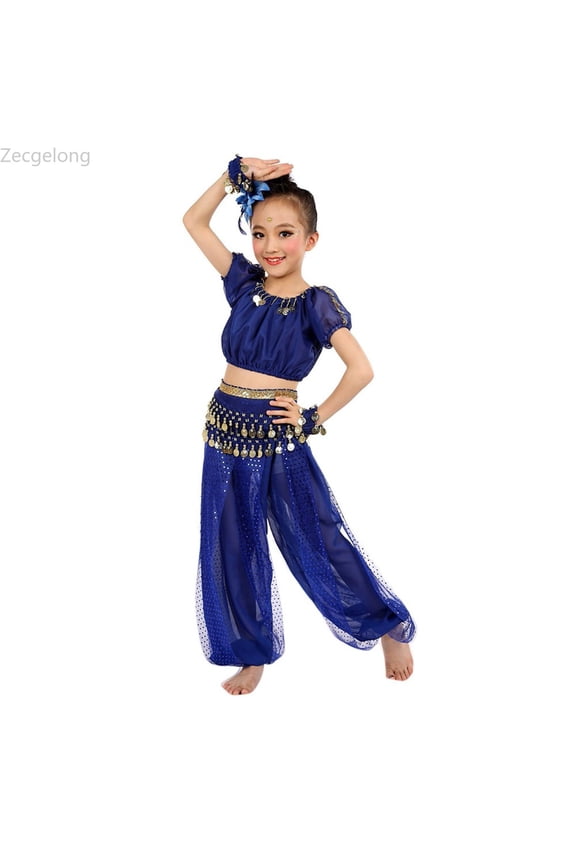 Children Girls Indian Dance Performance Dress Belly Dance Top Pants Waist Chain Bracelet Head Flower 5pc Set Outfits Toddler Girls Sets Age 5-6 Years