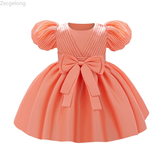 Zecgelong Elegant Satin Bow Dress For Baby Girls Christening Birthday Party Gown Girls Birthday Dresses Size 6-12 Months Orange