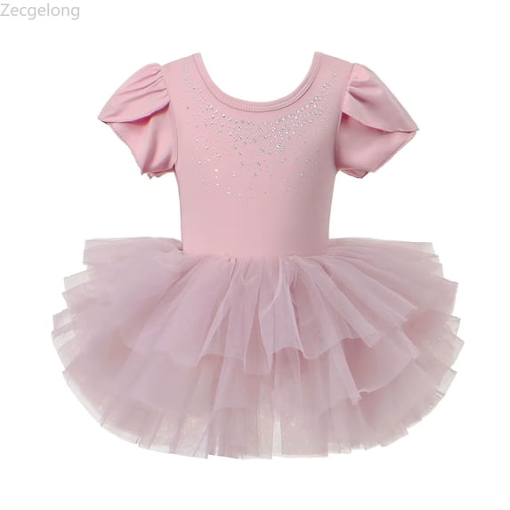Zecgelong Girls Ballet Dress With Mesh Skirt And Back Rhinestone Detail Short Sleeve Tutu Leotard For Dance Performance And Party Girls Dresses Size 5-6 Years Pink