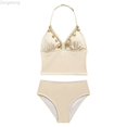 thumbnail image 1 of Zecgelong Girls' Bikini For Girls With Neck Two Piece Swimwear With Metallic Trim And Triangle Top Beach Approved Swim Beige Size 10-11 Years, 1 of 6