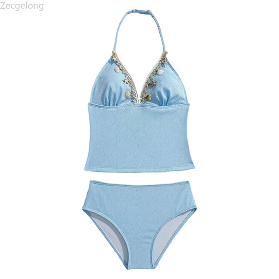 Zecgelong Girls' Bikini For Girls With Neck Two Piece Swimwear With Metallic Trim And Triangle Top Beach Approved Swim Blue Size 12-13 Years