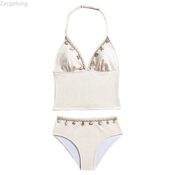 Zecgelong Girls Bikini Swimsuit Two Piece Triangle Top Neck With Beach Pool Party Wear Beige Size 13-14 Years