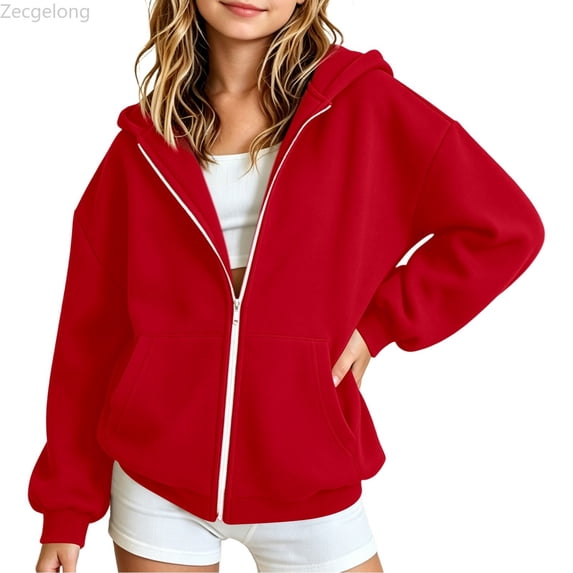Zecgelong Girls Casual Fleece Hooded Zip Up Jacket Winter Fall Solid Color Soft Warm Outerwear Coat For Toddler Kids