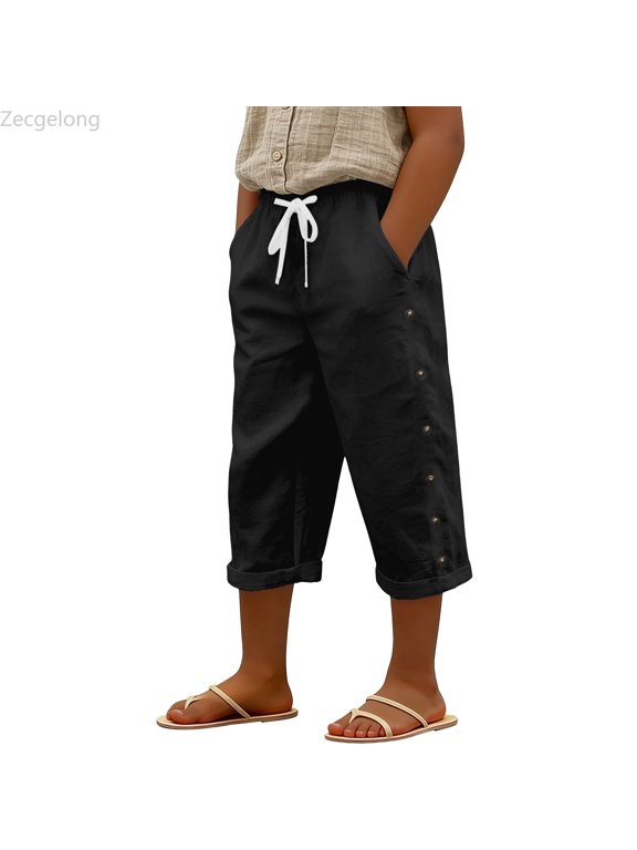 Girls Casual Pants Elastic Waist With Loose Fit Side Snap Button Versatile Solid Color Trousers Stretch Girls Casual Pants Size 9-10 Years