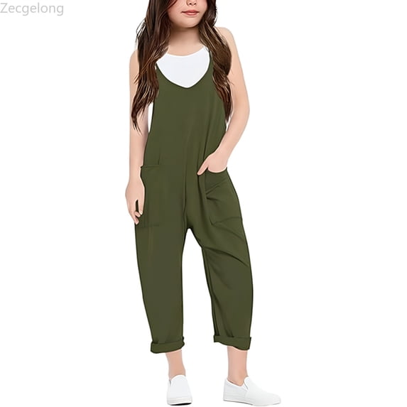 Zecgelong Girls' Casual Sleeveless Jumpsuits Loose Romper Long Pants with Pockets Size Green 4-5 years