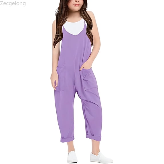 Zecgelong Girls' Casual Sleeveless Jumpsuits Loose Romper Long Pants with Pockets Size Purple 4-5 Years