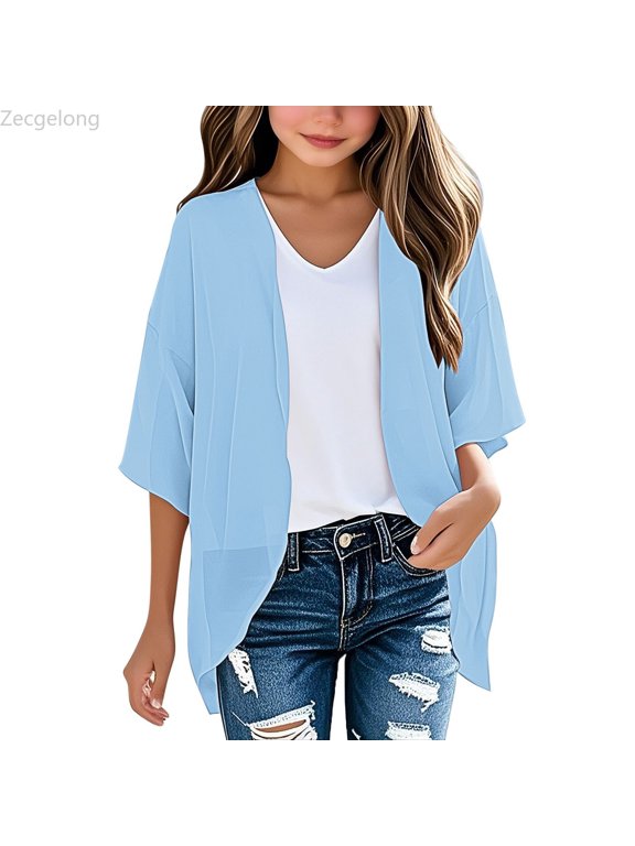 Girls Casual Solid Color Cardigan Top For Everyday Wear Spring Summer Lightweight Open Front Shirt Comfortable Tee For Kids Girls Casual T Shirts Size for Girl 5-6 Years