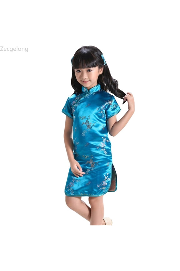 Girls Chinese Qipao Dress Floral Pattern Short Sleeve Cheongsam for Birthday Party Wedding Size 12-18 Months Blue