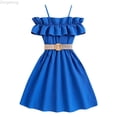 thumbnail image 1 of Zecgelong Girls Cold Shoulder Midi Dress Ruffle Trim Short Sleeve Belted A Line Sundress for Summer Beach Size 9-10 Years Blue, 1 of 3