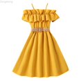 thumbnail image 1 of Zecgelong Girls Cold Shoulder Midi Dress Ruffle Trim Short Sleeve Belted A Line Sundress for Summer Beach Size 9-10 Years Yellow, 1 of 3