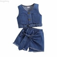 thumbnail image 1 of Zecgelong Girls Denim Outfits Casual Summer Toddler Clothes Stylish Top Shorts Two Piece Set For Everyday Wear Girls 2 Piece Sets Age 2-3 Years, 1 of 5