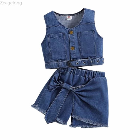 Zecgelong Girls Denim Outfits Casual Summer Toddler Clothes Stylish Top Shorts Two Piece Set For Everyday Wear Girls 2 Piece Sets Age 2-3 Years