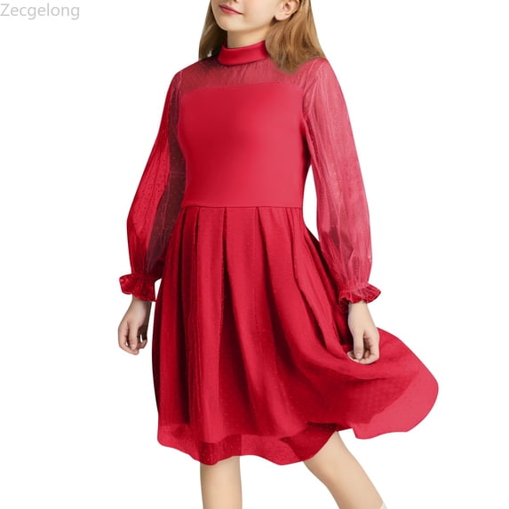 Zecgelong Girls Dress Color Contrast Mesh Long Sleeve Girls Dresses Size 16 Years Red